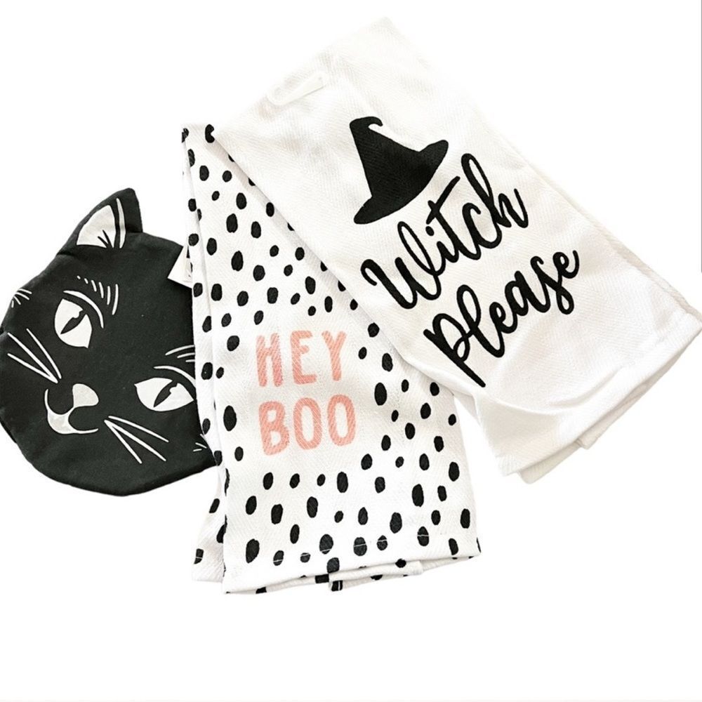 Witch, Please - Hey Boo - Black Cat Kitchen Tea Towel and Pot Holder Set - Picture 5 of 5